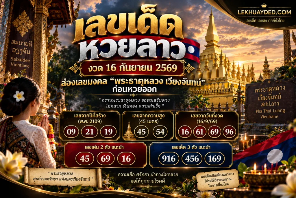 สรุปเลขเด็ดหวยลาวประจำงวดวันที่ 16 กันยายน 2569 จากพระธาตุหลวงเวียงจันทน์ โดยมีเลขนำโชค 2 ตัวได้แก่ 45, 69, 16 และเลข 3 ตัวได้แก่ 916, 456, 169