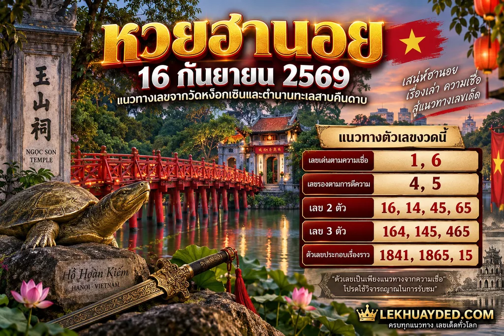 สรุปแนวทางเลขเด็ดหวยฮานอยงวด 16 กันยายน 2569 อ้างอิงจากวัดหง็อกเซินและตำนานทะเลสาบคืนดาบ เลขเด่น 1, 6 เลขรอง 4, 5 เลขสองตัว 16, 14, 45, 65 เลขสามตัว 164, 145, 465 และเลขชุด 1841, 1865, 15