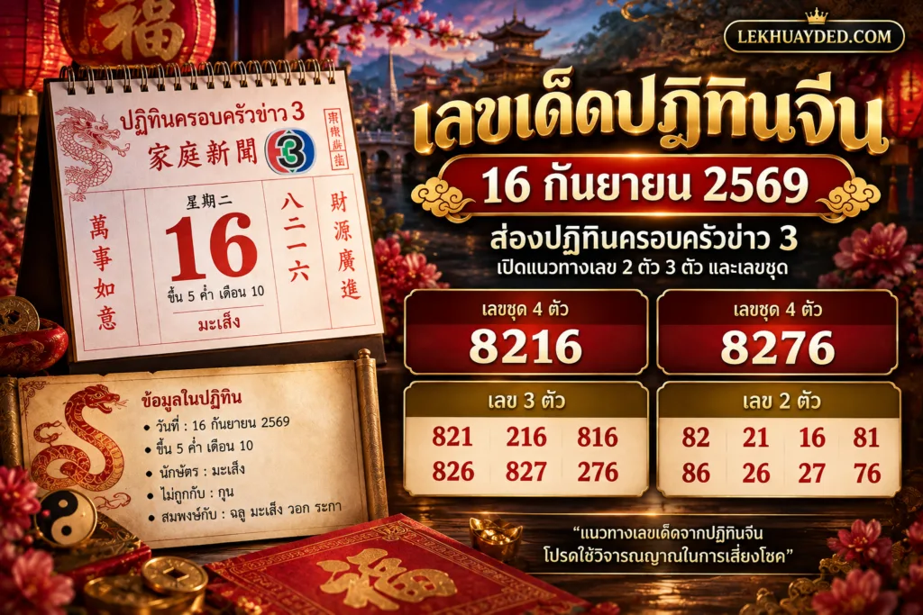 เลขเด็ดปฏิทินจีนงวด 16 กันยายน 2569 จากปฏิทินครอบครัวข่าว 3 ประกอบด้วยเลขชุด 4 ตัว 8216 และ 8276 รวมถึงเลขชุด 2 ตัวและ 3 ตัวที่สรุปไว้ในภาพ