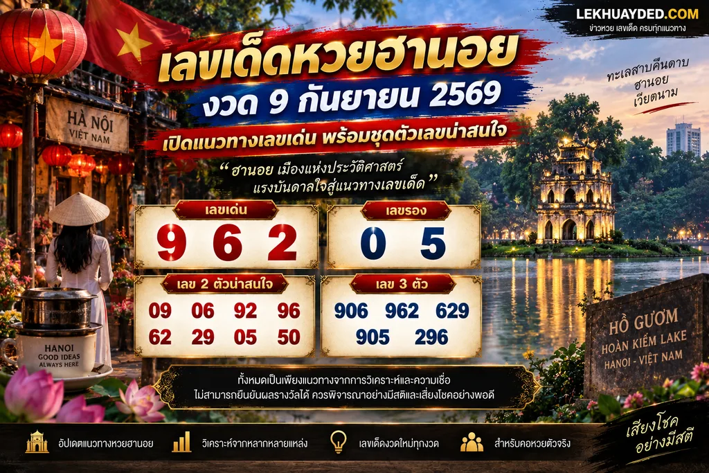 สรุปแนวทางเลขเด็ดหวยฮานอย งวดวันที่ 9 กันยายน 2569 เลขเด่น 9 6 2 เลขรอง 0 5 พร้อมชุดตัวเลข 2 ตัวและ 3 ตัวตามที่ปรากฏในภาพ