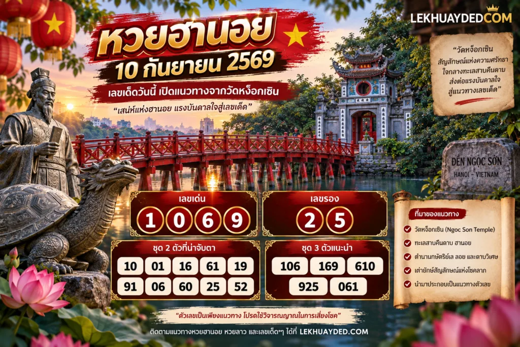 แนวทางหวยฮานอยประจำวันที่ 10 กันยายน 2569 เลขเด่น 1, 0, 6, 9 เลขรอง 2, 5 พร้อมชุดเลข 2 ตัวและ 3 ตัวที่น่าจับตาตามที่ปรากฏในภาพ