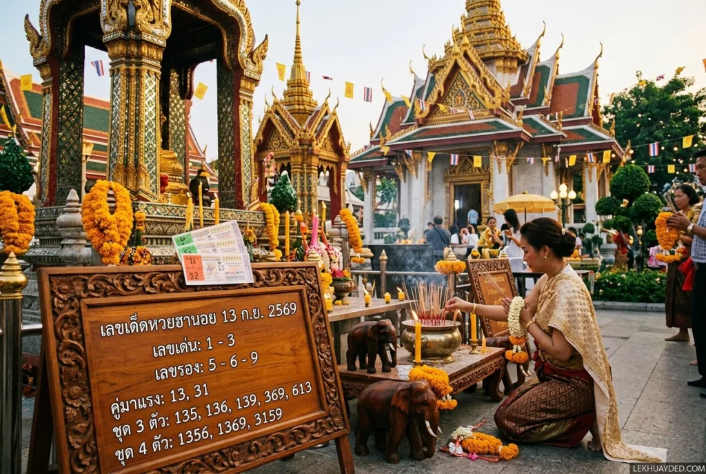 ป้ายไม้แสดงแนวทางเลขเด็ดหวยฮานอยงวดวันที่ 13 กันยายน 2569 ได้แก่ เลขเด่น 1-3 เลขรอง 5-6-9 พร้อมชุดตัวเลขแนวทาง โดยมีฉากหลังเป็นบรรยากาศการสักการะที่ศาลหลักเมืองกรุงเทพมหานคร