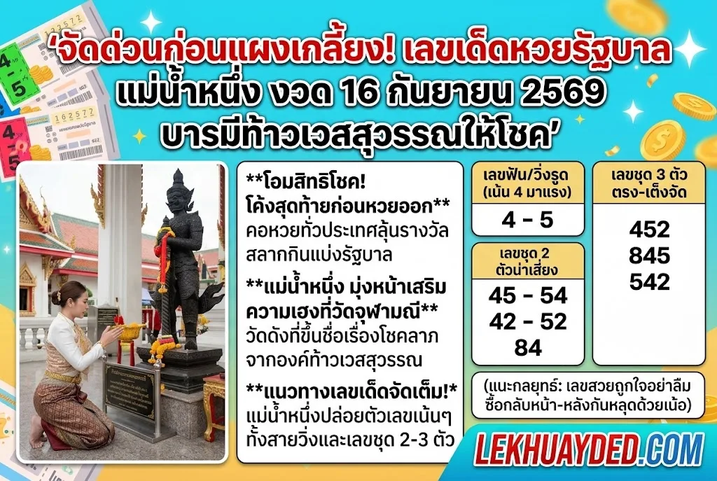 อินโฟกราฟิกเลขเด็ดแม่น้ำหนึ่งงวด 16 กันยายน 2569 เลขวิ่ง 4-5 เลข 2 ตัว 45, 54, 42, 52, 84 และเลข 3 ตัว 452, 845, 542 พร้อมภาพแม่น้ำหนึ่งไหว้ขอพรท้าวเวสสุวรรณที่วัดจุฬามณี