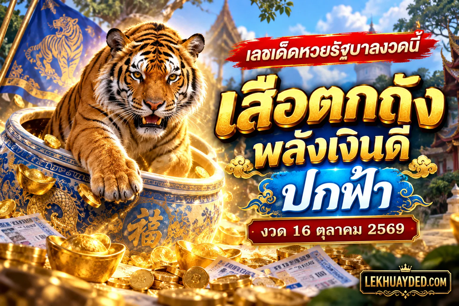 Read more about the article เลขเด็ดหวยรัฐบาลงวดนี้ เสือตกถังพลังเงินดี ปกฟ้า งวด 16 ตุลาคม 2569